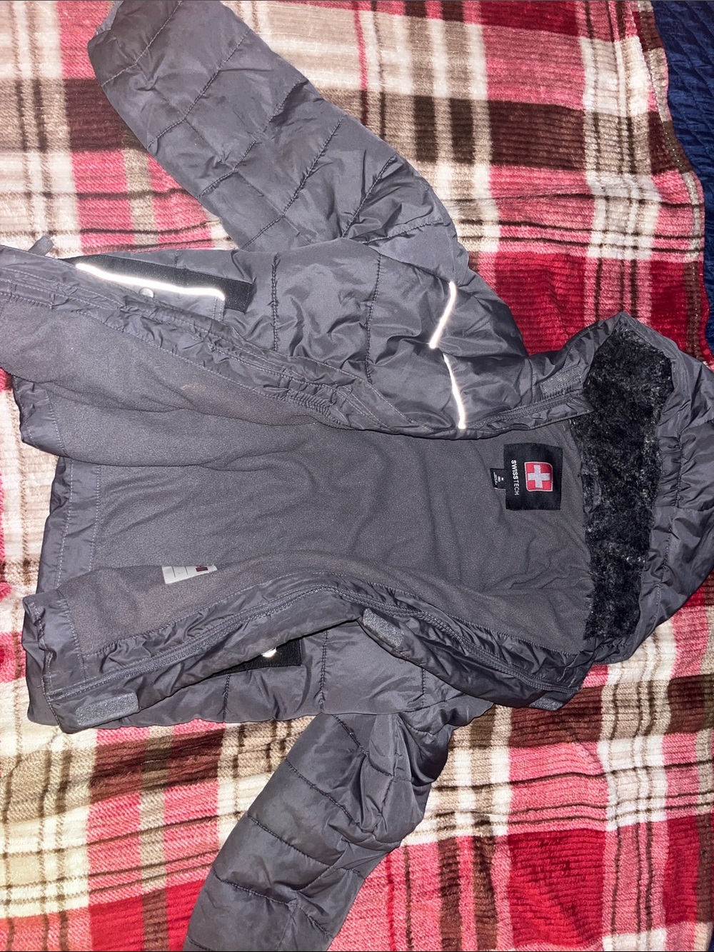 Swiss Tech Kids Charcoal Gray Quilted Puffer Jacket with Faux Fur Hood